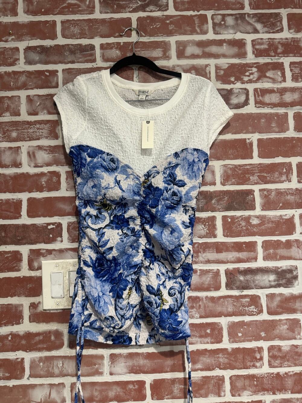 New Anthropologie Maeve Ruched Corset Top Blue Floral Bees NWT XS